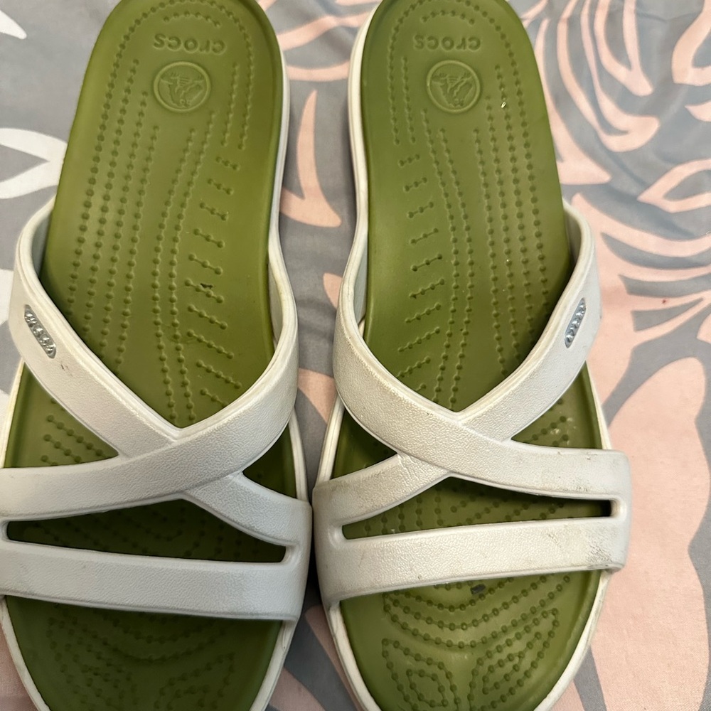 CROCS Women's Sandals/slides in White and green size 10